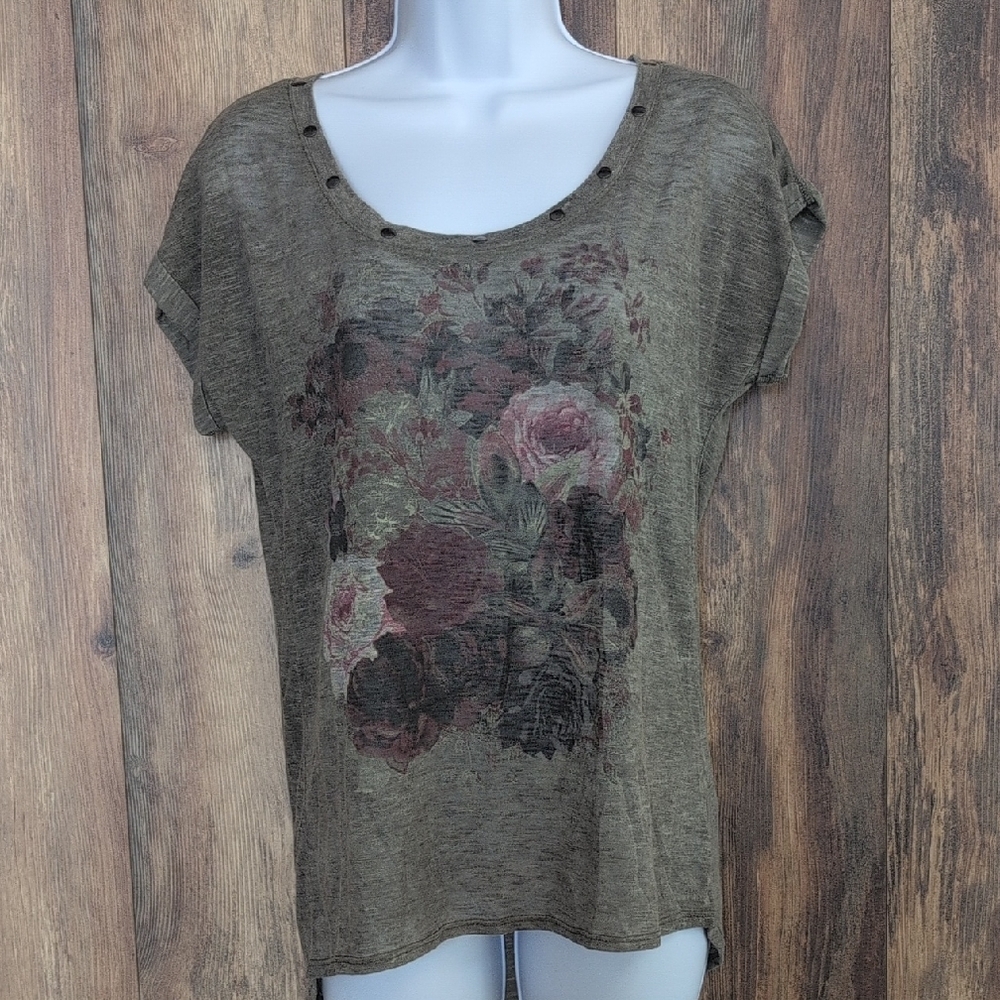 Maurices Olive Green Floral Short Sleeve Top S 220JH